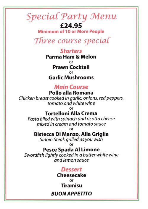 O Sole Mio Restaurant Party Menu O Sole Mio Restaurant Party Menu